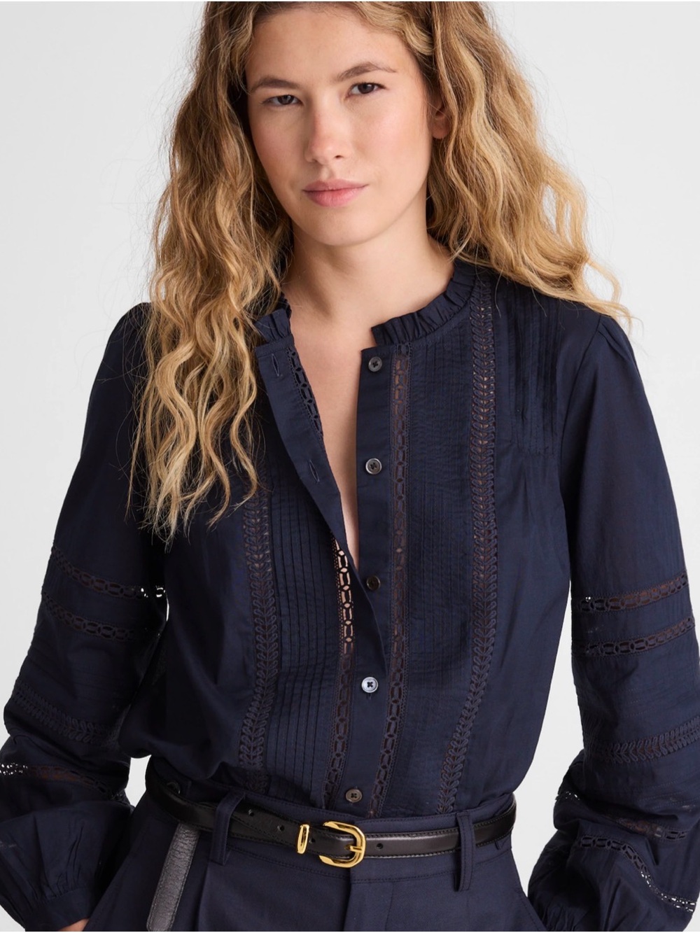 Madewell Lace-Insert High-Neck Pintuck Top Classic Navy Size M NWT - Picture 5 of 11